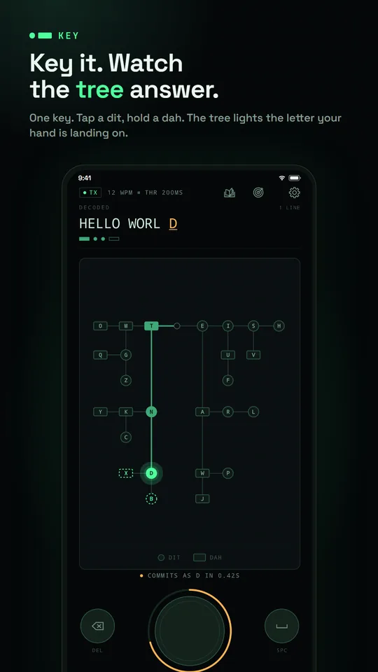 Key screen: tap a dit, hold a dah, and the tree lights the letter you are landing on.