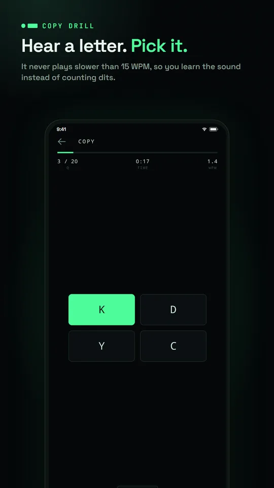 Copy drill: hear a letter and pick it from four buttons.